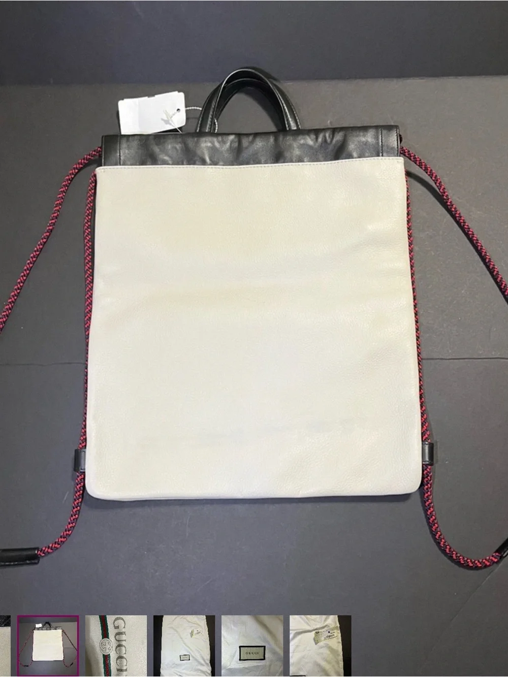 Gucci White Leather Drawstring Backpack with Green-Red Web Stripe Unisex